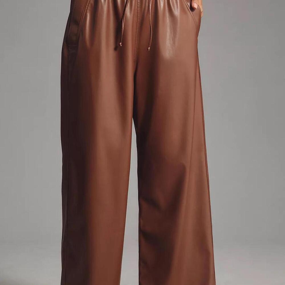 Anthropologie Exquise Brenna Faux Leather Wide-Leg Pants Brown trousers NWT